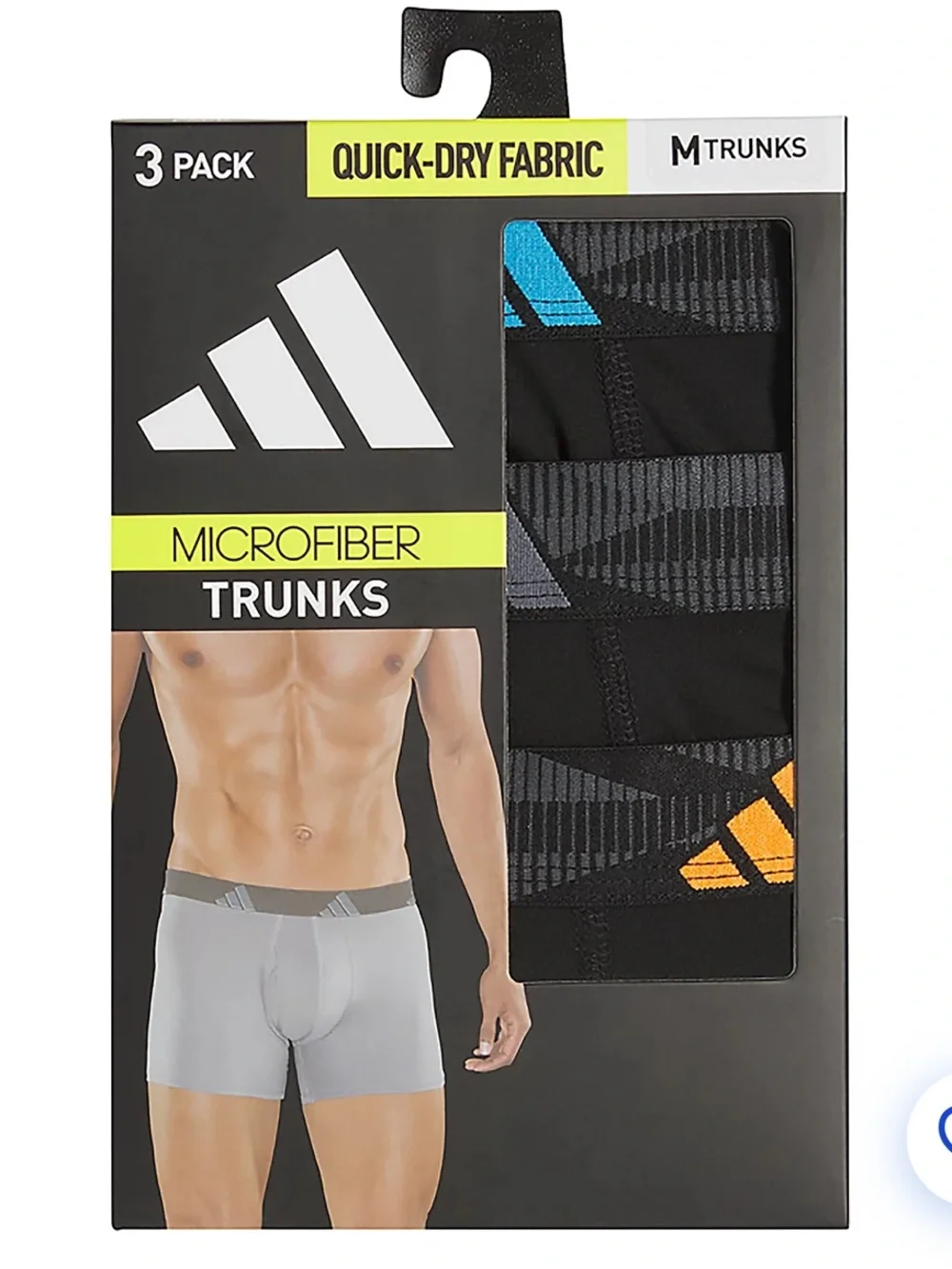 adidas Men’s Black Microfiber Boxer Trunks with Blue & Orange Accents - 3 Pack